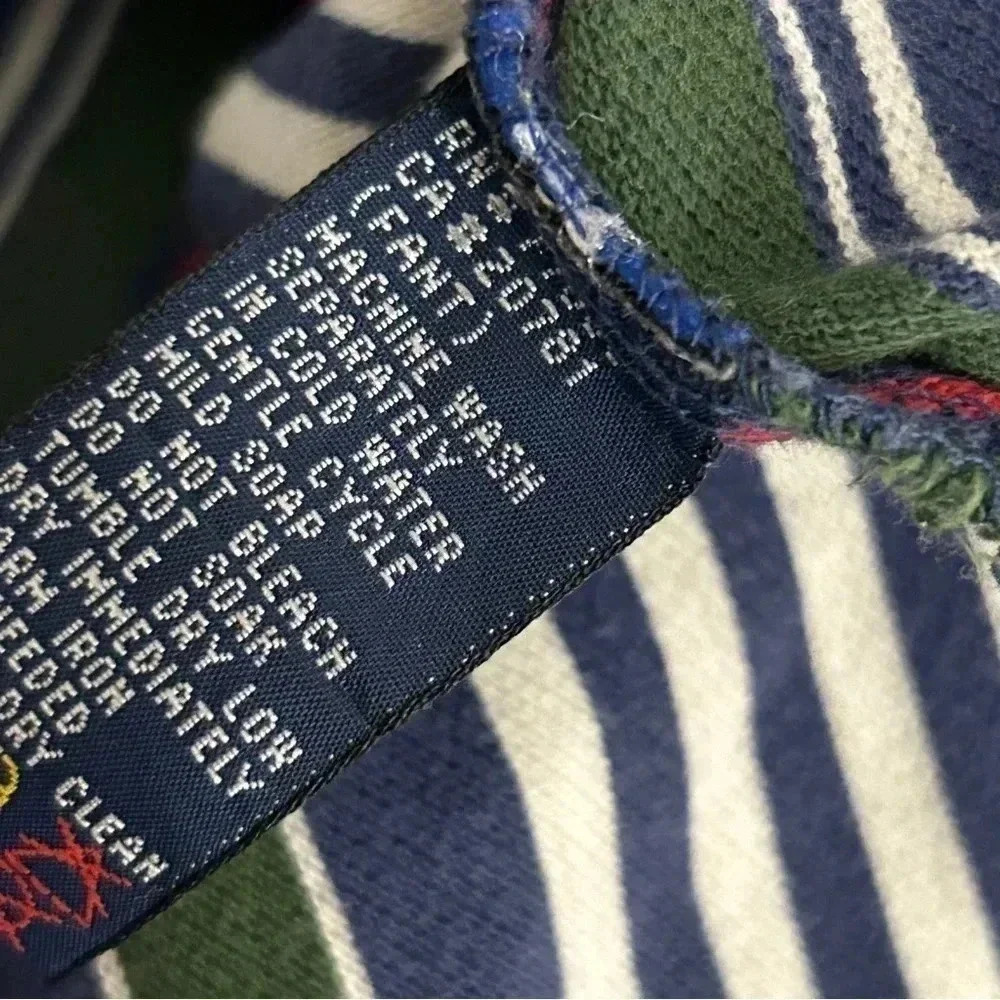 Vintage 90s Tommy Hilfiger Striped Long Sleeve Polo Shirt Black White Green Blue - Picture 7 of 12
